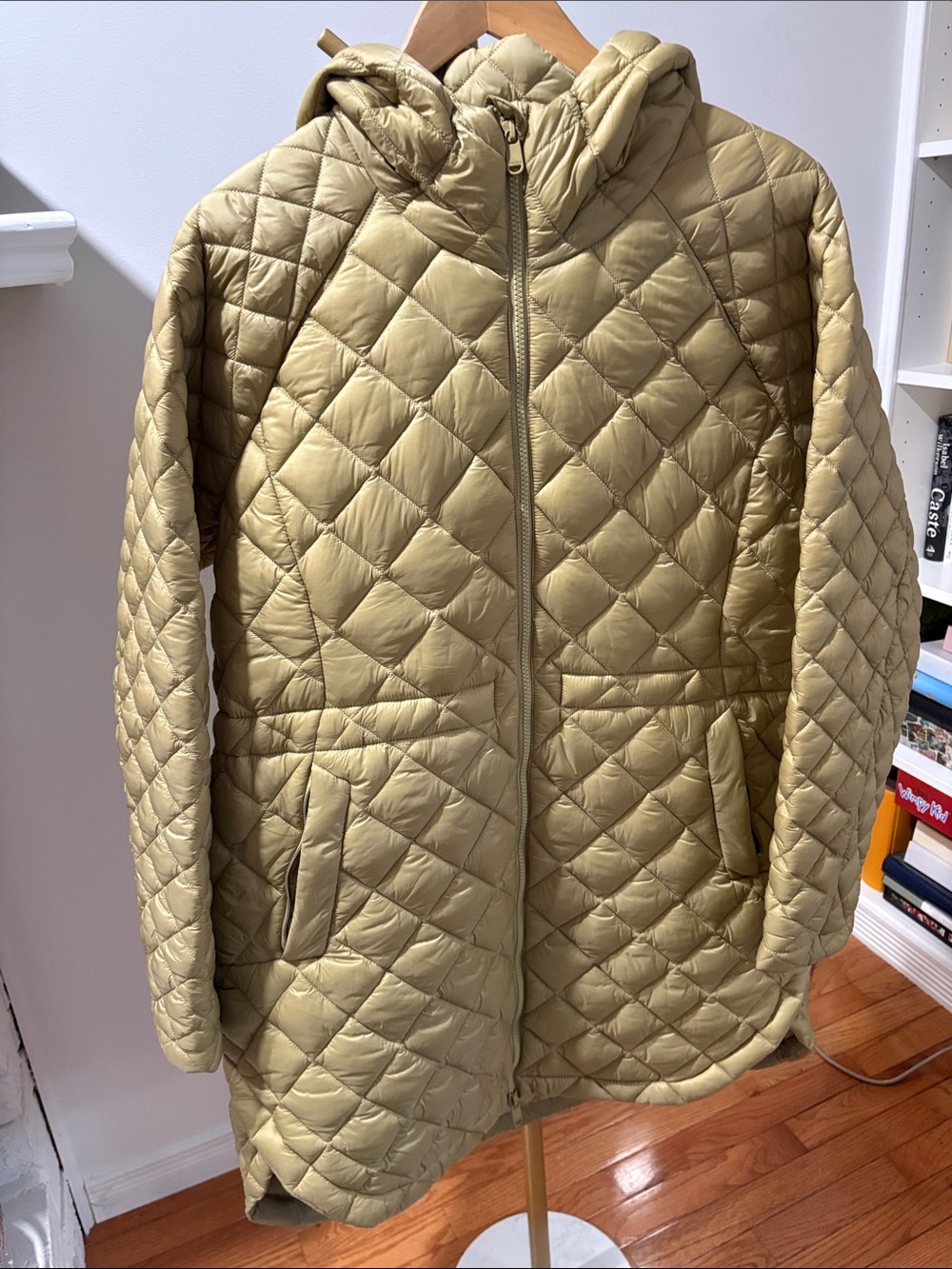 Athleta Quilted Hooded Puffer Jacket in a Camel Colour